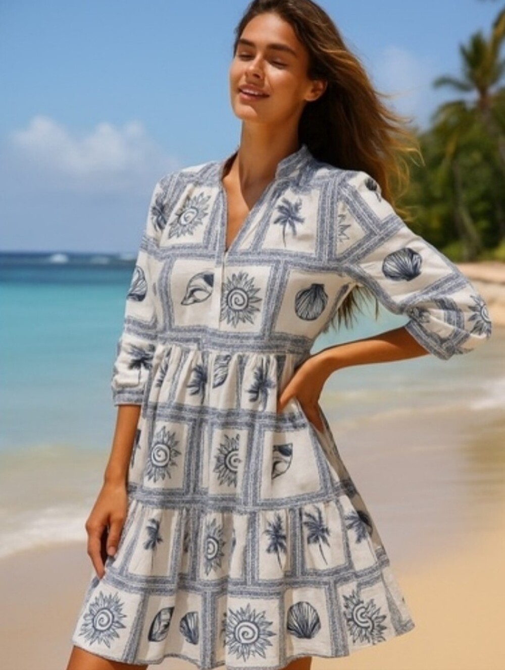 Calypso St. Barth Cream and Blue Printed Midi Dress